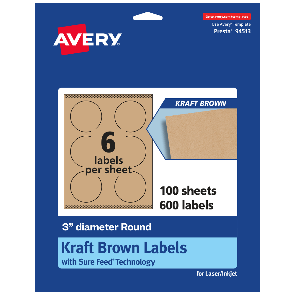Avery Kraft Permanent Labels With Sure Feed, 94513-KMP100, Round, 3in Diameter, Brown, Pack Of 600
