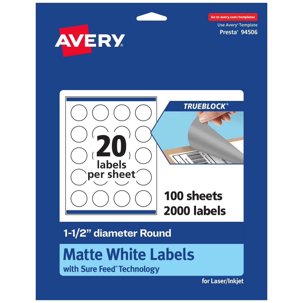 Avery Print-To-The-Edge TrueBlock Labels With Sure Feed, 94506-TWMP100, Round, 1-1/2in, Matte White, Pack Of 2000