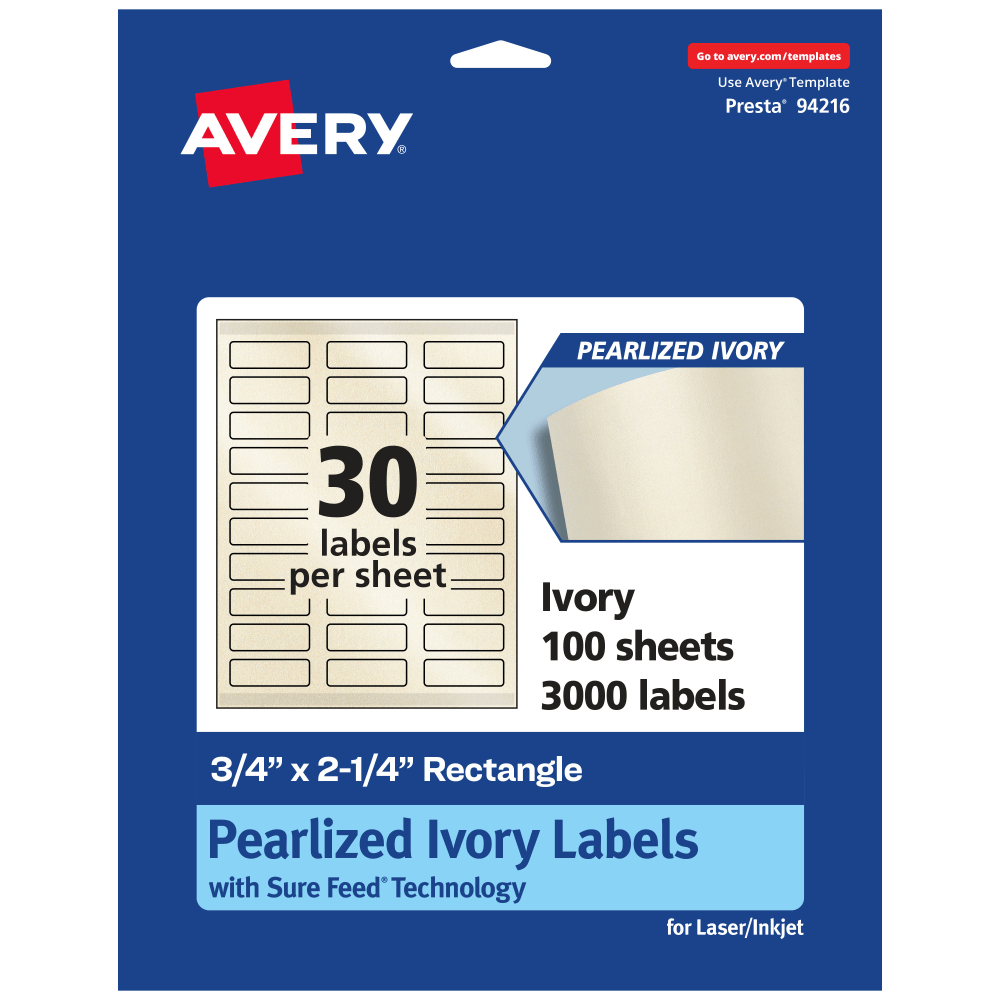 Avery Pearlized Permanent Labels With Sure Feed, 94216-PIP100, Rectangle, 3/4in x 2-1/4in, Ivory, Pack Of 3,000 Labels