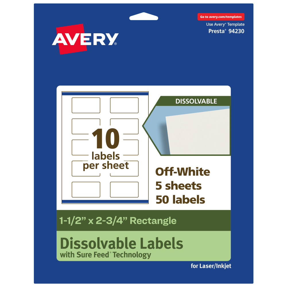 Avery Print-to-the-Edge Dissolvable Labels With Sure Feed Technology, 94230-DWMP5, Rectangle, 1-1/2inx2-3/4in, Matte Off-White, Pack Of 50