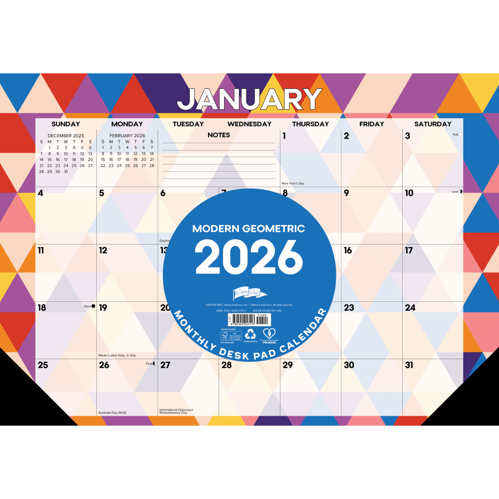 2026 Willow Creek Press Monthly Desk Pad Calendar, 12in x 17in, Modern Geometric, January To December, 57117