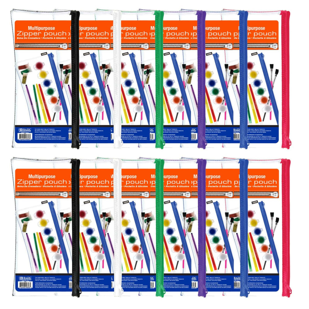 BAZIC Products Multipurpose Clear Zipper Pouches, 11in x 5in, Assorted Colors, Pack Of 12 Pouches