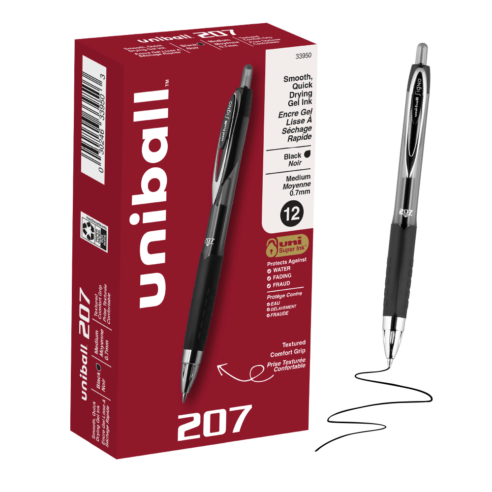 uniball 207 Retractable Gel Pens, 0.7mm Medium Point, Black Ink, 12 Count