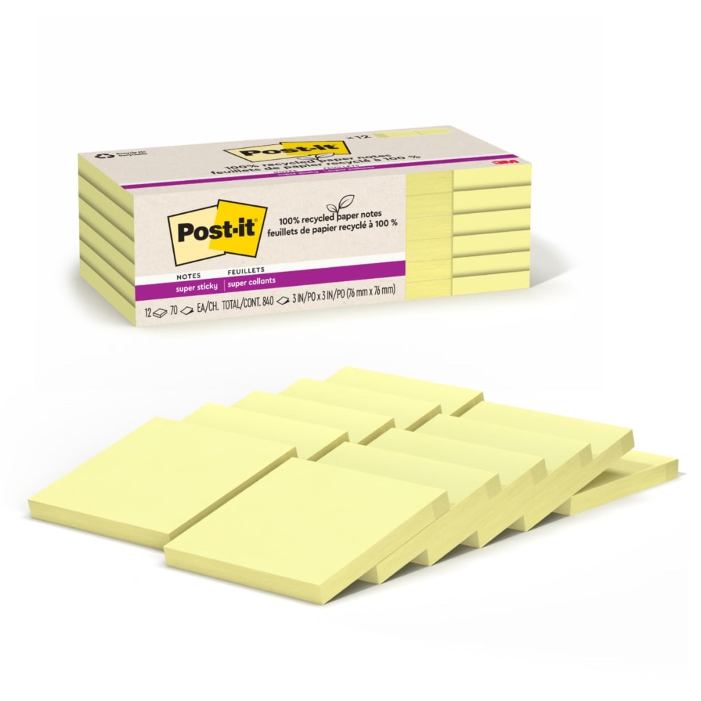 Post-it Super Sticky Recycled Notes, 3 in x 3 in, 12 Pads, 70 Sheets/Pad, 2x the Sticking Power, Canary Yellow, 100% Recycled