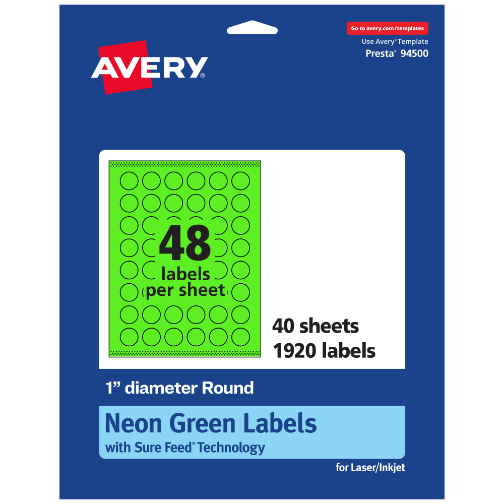 Avery Print-To-The-Edge Labels With Sure Feed Technology, 94500-NGP40, Round, 1in, Matte Neon Green, Pack of 1920