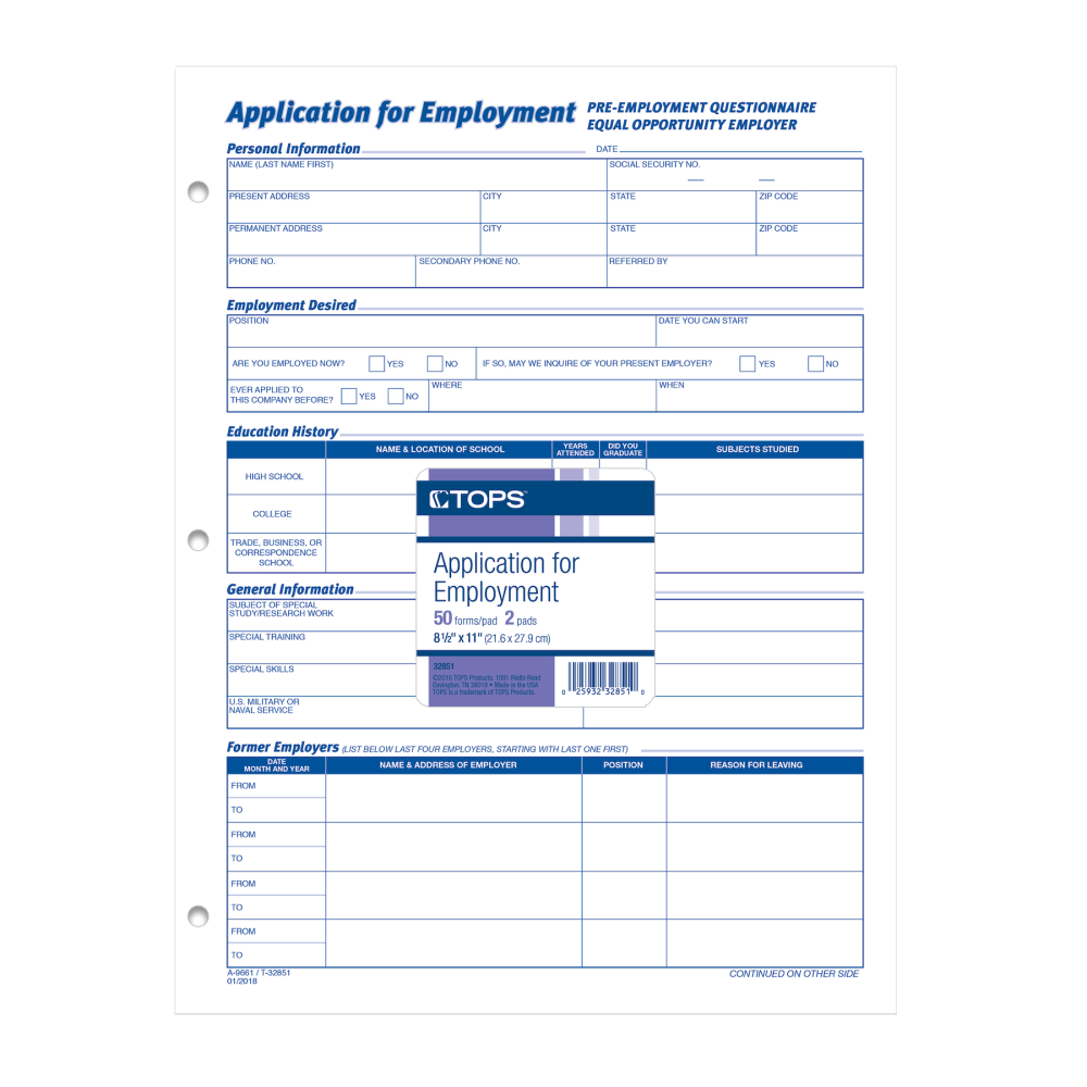 TOPS - Application for employment form - 50 sheets - Letter A Size (8.5 in x 11 in)