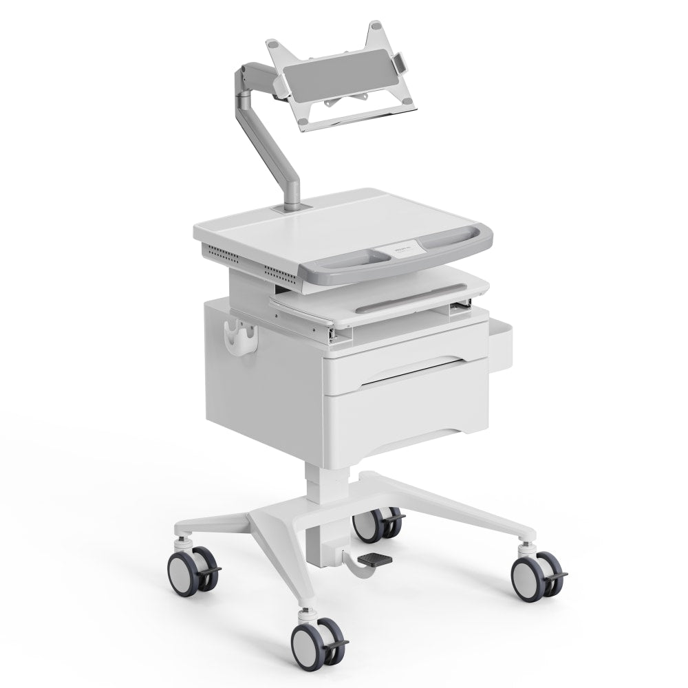 Mount-It! MedHub Mobile Medical Cart Workstation With Drawers And Laptop Arm, White/Gray