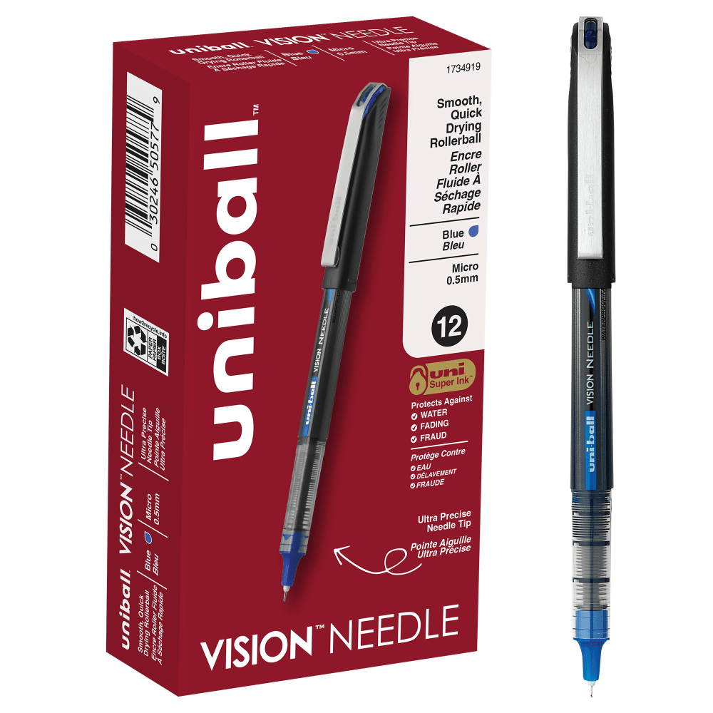 uni-ball Vision Needle Liquid Ink Rollerball Pens, Micro Point, 0.5 mm, Black Barrel, Blue Ink, Pack Of 12