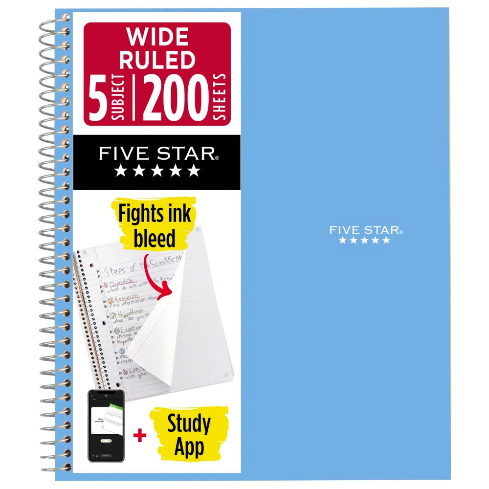 Five Star Spiral Notebook Plus Study App, 5 Subject, Wide Ruled, 8in x 10 1/2in, Sky Blue