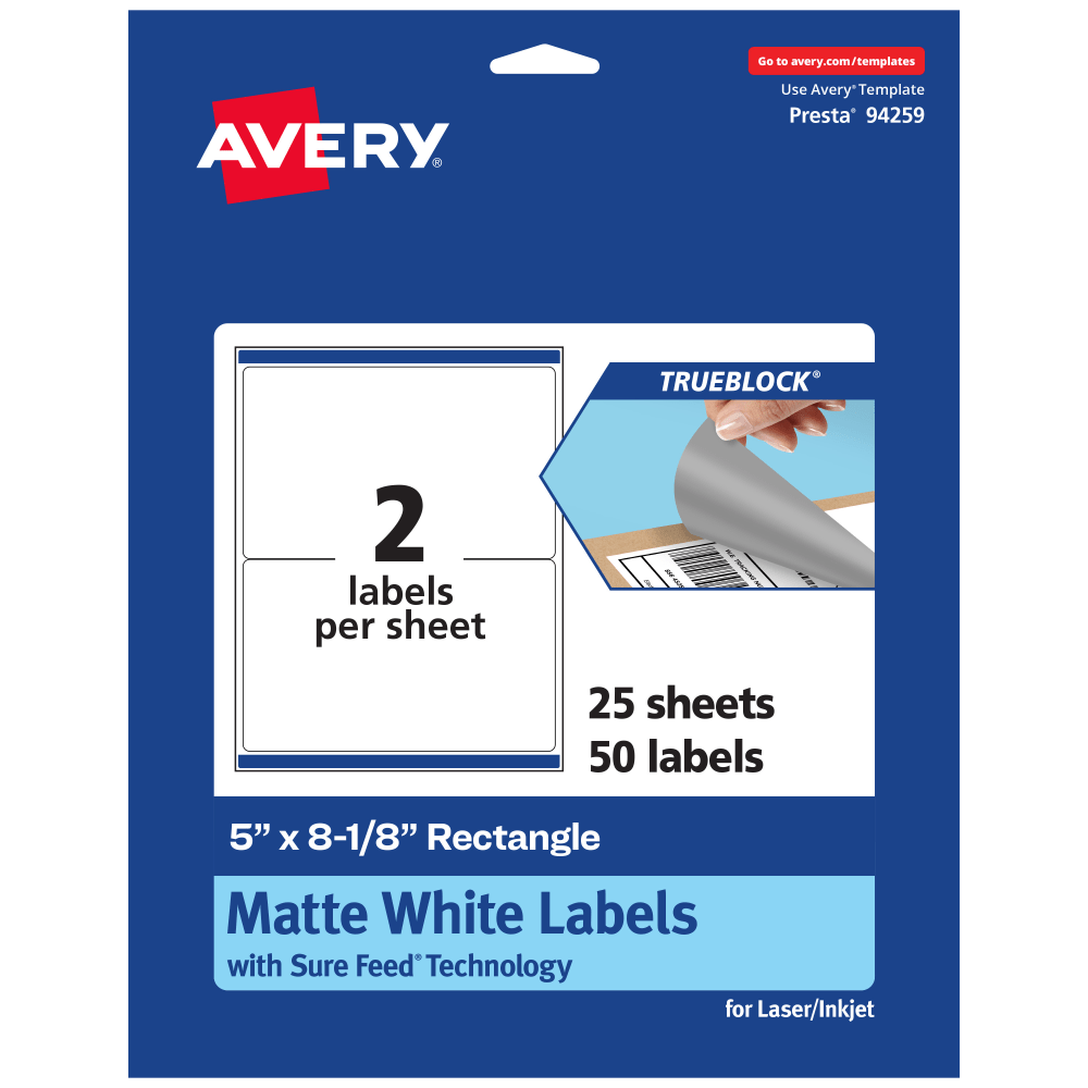 Avery TrueBlock Labels With Sure Feed, 94259-TWMP25, Rectangle, 5in x 8-1/8in, Matte White, Pack Of 50