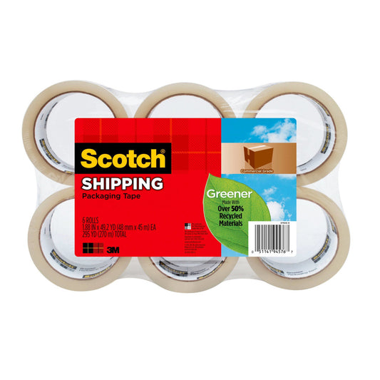 Scotch Greener Commercial Shipping Packaging Tape, 1.88 in x 49.2 yd, 6 Tape Rolls, Tape Rolls, Designed for Packing, Shipping and Mailing