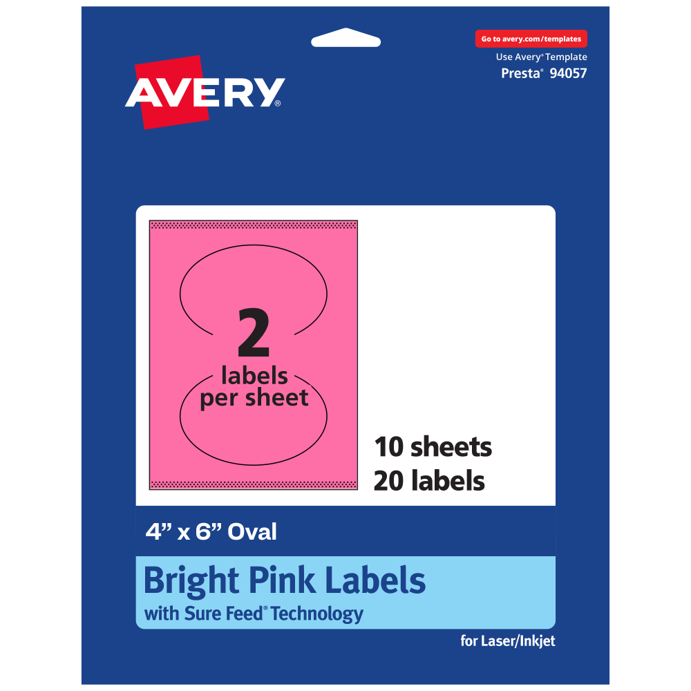 Avery Print-To-The-Edge Labels With Sure Feed Technology, 94057-BPP10, Oval, 4in x 6in, Matte Bright Pink, Pack of 20