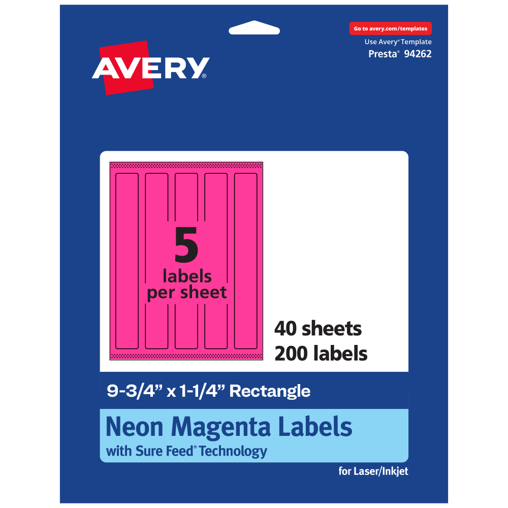 Avery Print-To-The-Edge Labels With Sure Feed Technology, 94262-NMP40, Rectangle, 9-3/4in x 1-1/4in, Matte Neon Magenta, Pack of 200
