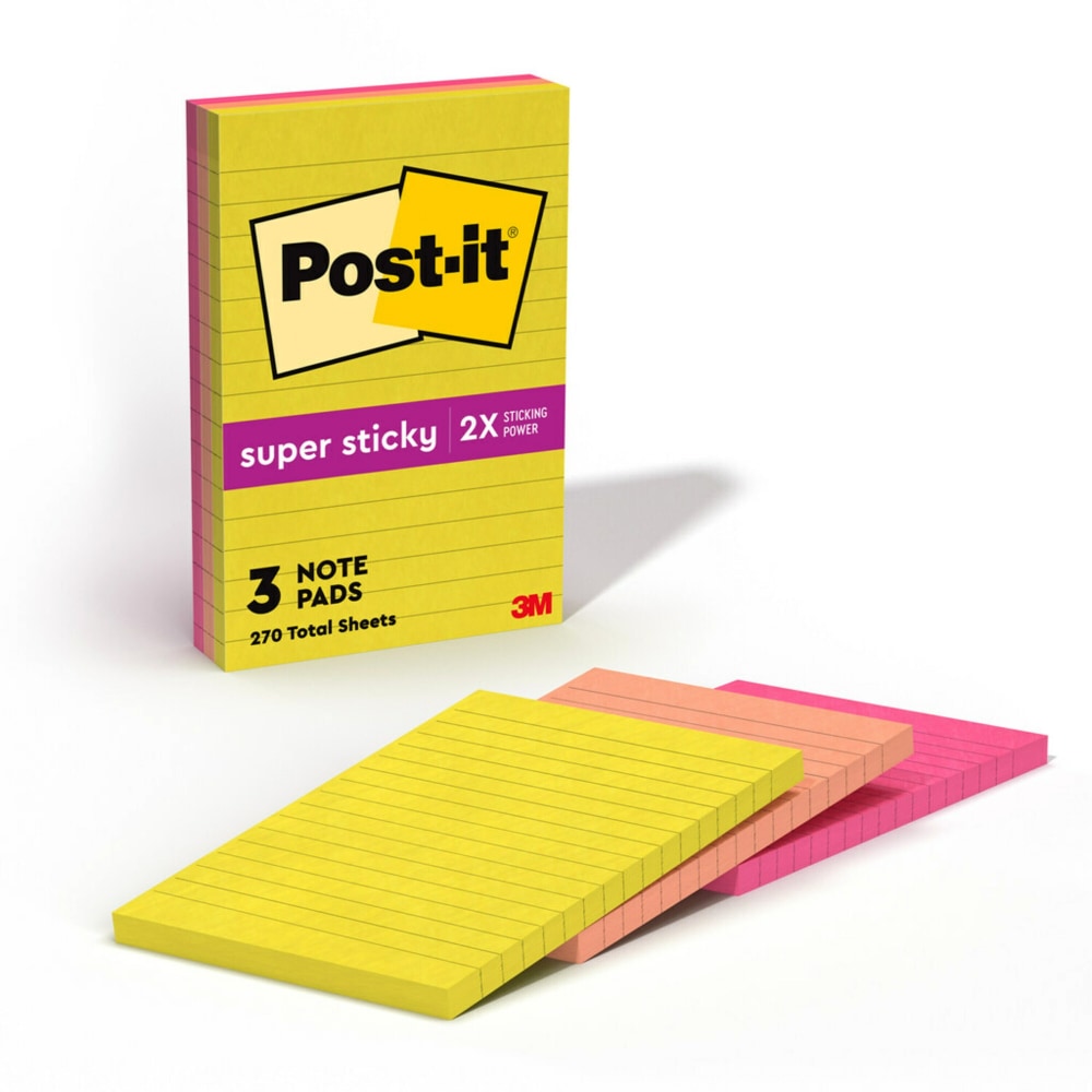 Post-it Super Sticky Notes, 4 x 6 in, 3 Lined Sticky Note Pads, 90 Sheets/Pad, 2X the Sticking Power, School Supplies and Office Products, Summer Joy