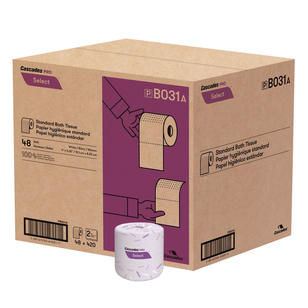 Cascades PRO Select Select Standard Bath Tissue, 2-Ply, White, 4 x 3.25, 420 Sheets/Roll, 48 Rolls/Carton