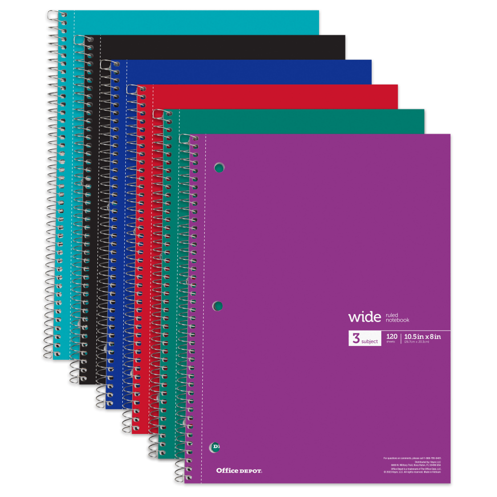 Office Depot Wirebound Notebooks, 8in x 10-1/2in, 3 Subjects, Wide Ruled, 120 Sheets, Assorted Colors, Pack Of 6 Notebooks