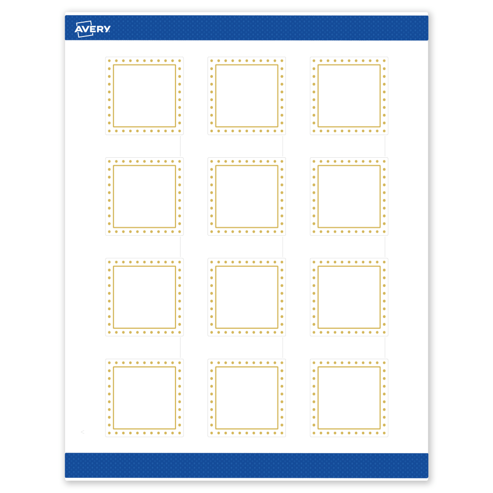 Avery Print-To-The-Edge Labels & Sure Feed, S00-DHY-PRWMP10, 2in x 2in, Matte White, Preprinted Gold Border & Gold Dots Design, Pack Of 120