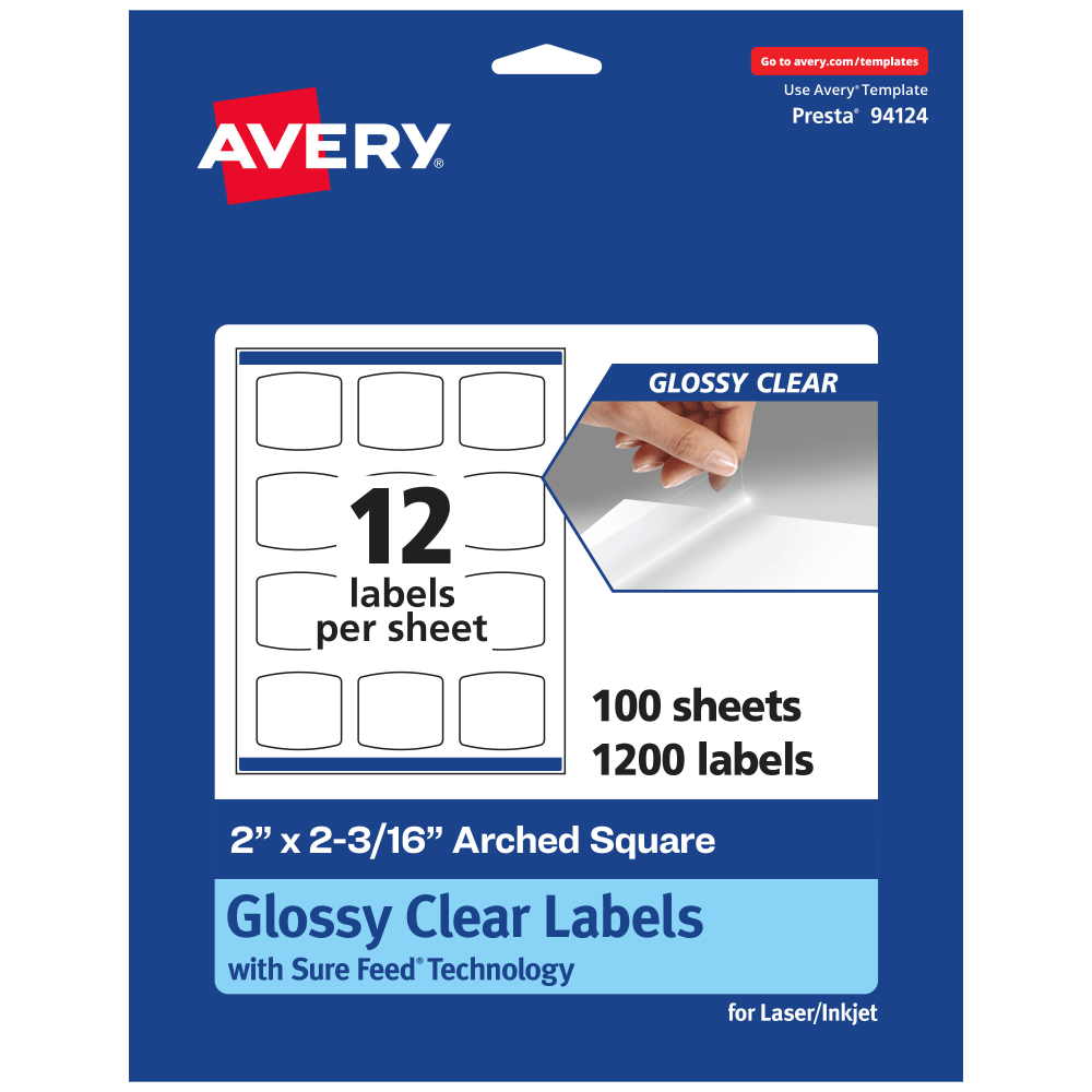 Avery Glossy Permanent Labels With Sure Feed, 94124-CGF100, Arched Square, 2in x 2-3/16in, Clear, Pack Of 1,200