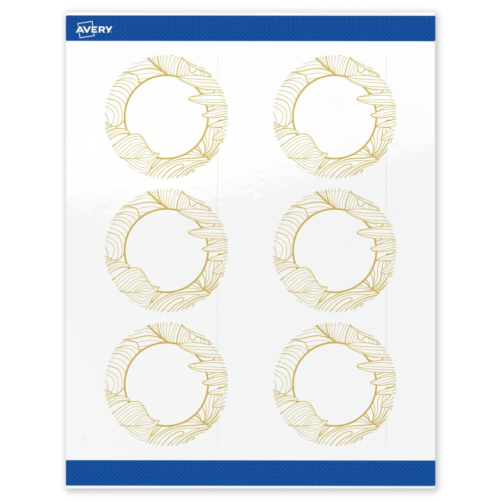 Avery Printable Labels With Sure Feed Technology, S00-EVZ, Round, 3in, Glossy White With Preprinted Gold Leaf Pattern, Pack Of 60