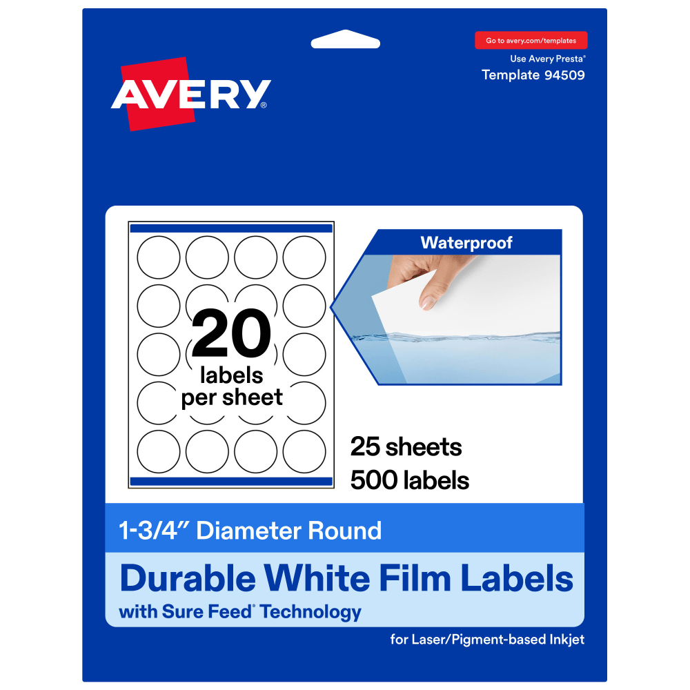 Avery Waterproof Permanent Labels With Sure Feed, 94509-WMF25, Round, 1-3/4in Diameter, White, Pack Of 500