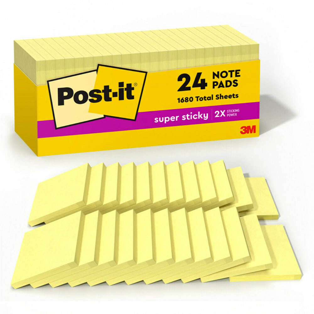 Post-it Super Sticky Notes, 3 x 3 in, 24 Bulk Sticky Note Pads, 90 Sheets/Pad, 2X the Sticking Power, School and Office Supplies, Canary Yellow