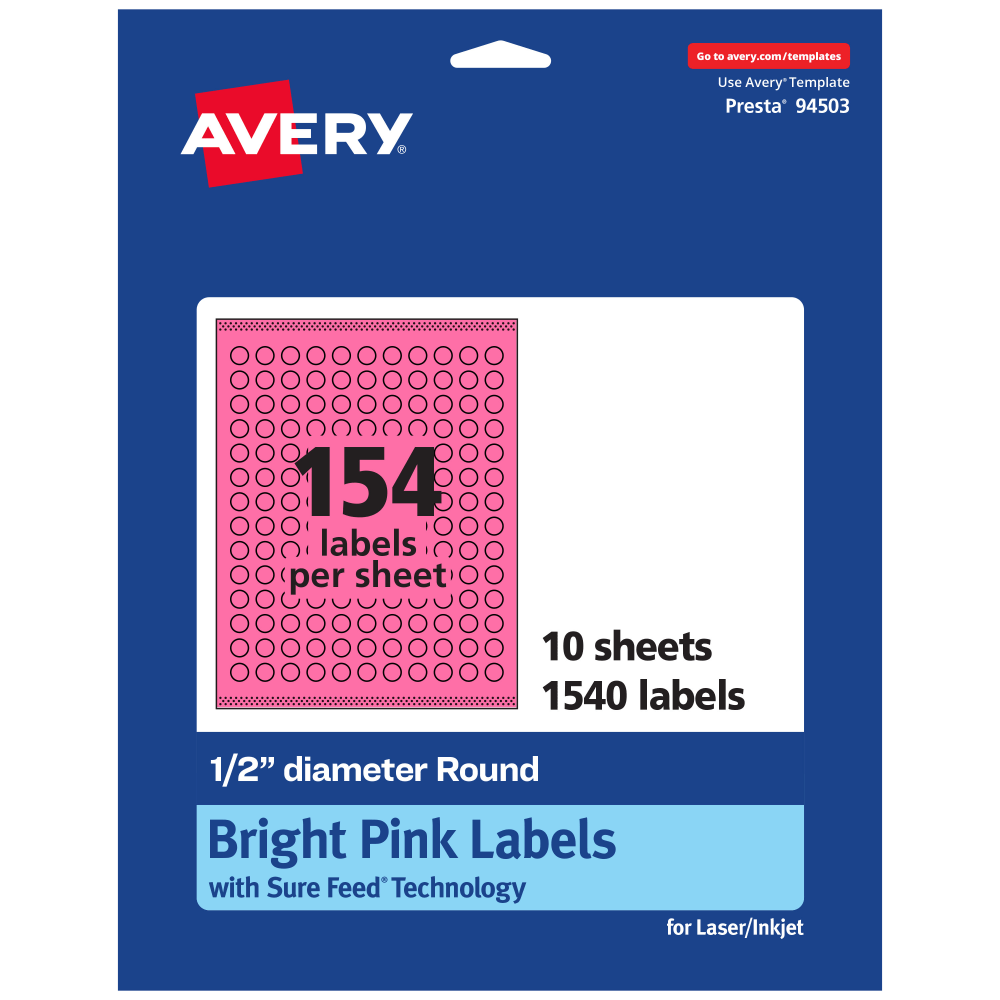 Avery Print-To-The-Edge Labels With Sure Feed Technology And Easy Peel Label Feature, 94503-BPP10, Round, 1/2in, Matte Bright Pink, Pack of 1540
