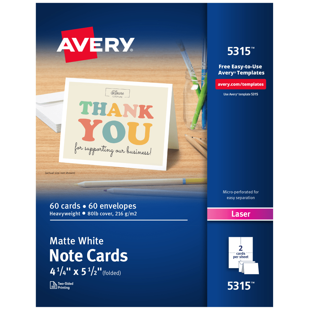 Avery Printable Note Cards With Envelopes, 4.25in x 5.5in, White, Pack Of 60 Blank Note Cards For Laser Printers