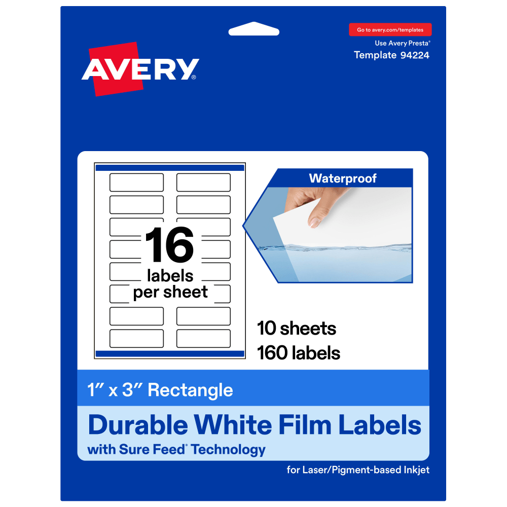 Avery Waterproof Permanent Labels With Sure Feed, 94224-WMF10, Rectangle, 1in x 3in, White, Pack Of 160