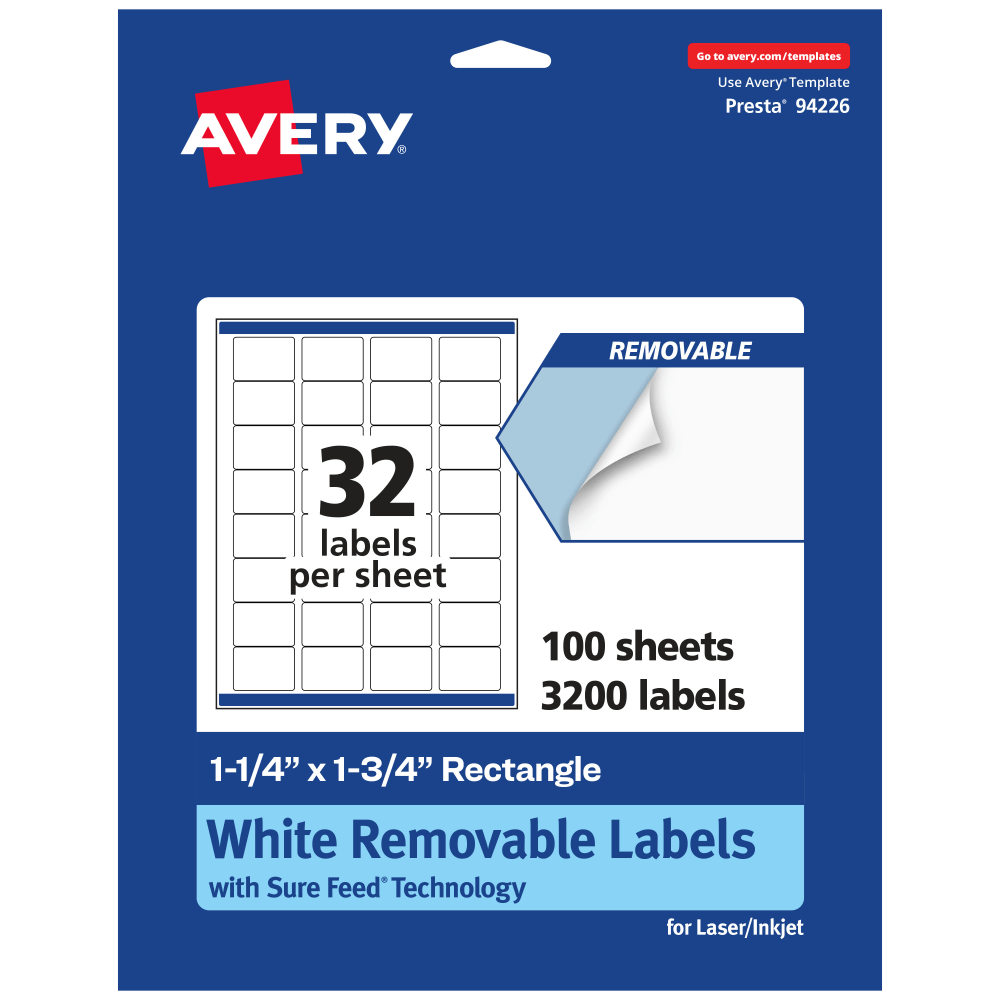 Avery Removable Labels With Sure Feed, 94226-RMP100, Rectangle, 1-1/4in x 1-3/4in, White, Pack Of 3,200 Labels