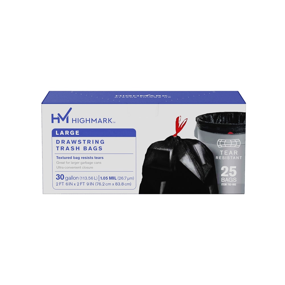 Highmark Large Drawstring Trash Bags, 1.05 mil,  30 Gallon, Black, Box Of 25