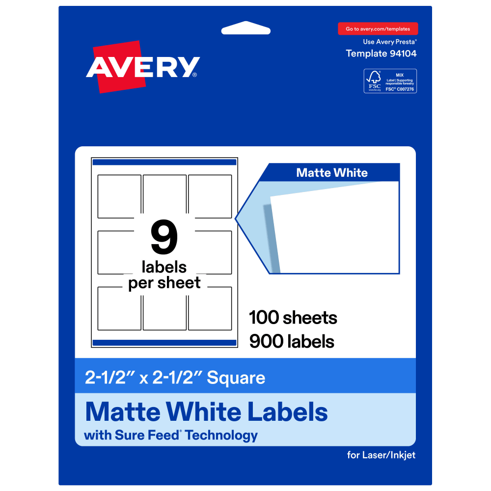 Avery Permanent Labels With Sure Feed, 94104-WMP100, Square, 2-1/2in x 2-1/2in, White, Pack Of 900
