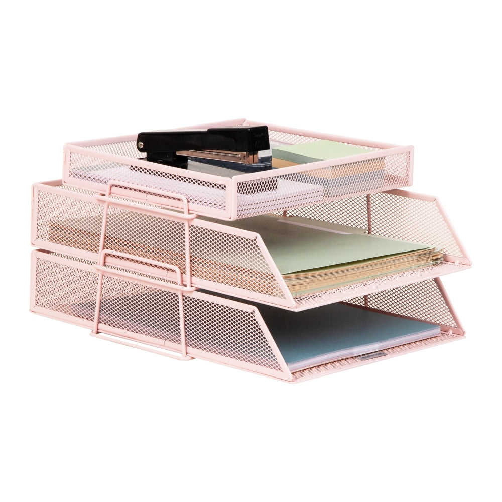 Mind Reader 2-Tier Paper Tray With Top Supply Compartment, 6-3/4inH x 13-1/4inW x 10-1/2inD, Pink