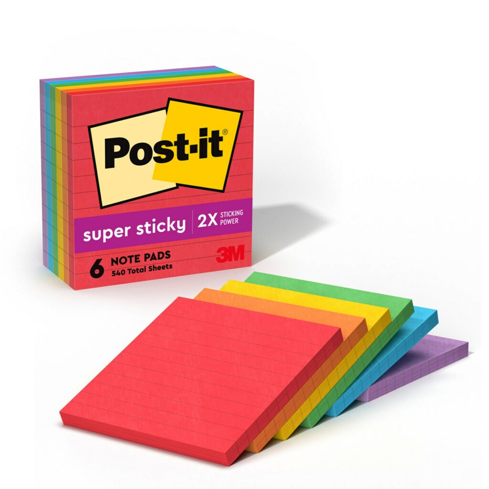 Post-it Super Sticky Notes, 4 x 4 in, 6 Lined Sticky Note Pads, 90 Sheets/Pad, 2X the Sticking Power, School and Office Supplies, Playful Primaries