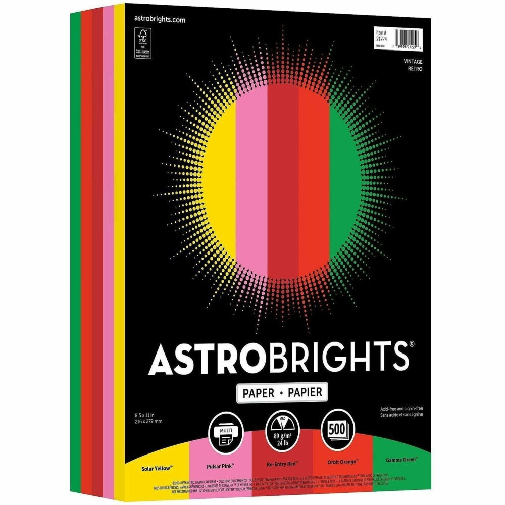 Astrobrights Color Multi-Use Printer & Copy Paper, 1 Ream, Vintage Assortment, Letter (8.5in x 11in), 500 Sheets Per Ream, 24 Lb, 94 Brightness