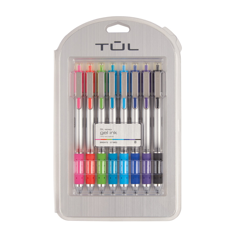 TUL GL Series Retractable Gel Pens, Medium Point, 0.7 mm, Silver Barrel, Assorted Bright Inks, Pack Of 8 Pens
