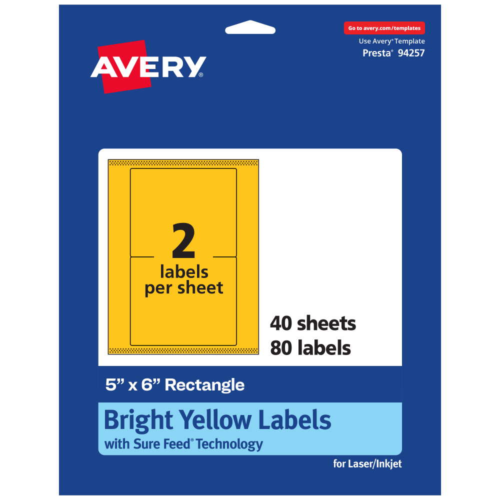 Avery Printable Labels With Sure Feed Technology, 94257-BYP40, Rectangle, 5in x 6in, Matte Bright Yellow, Pack of 80