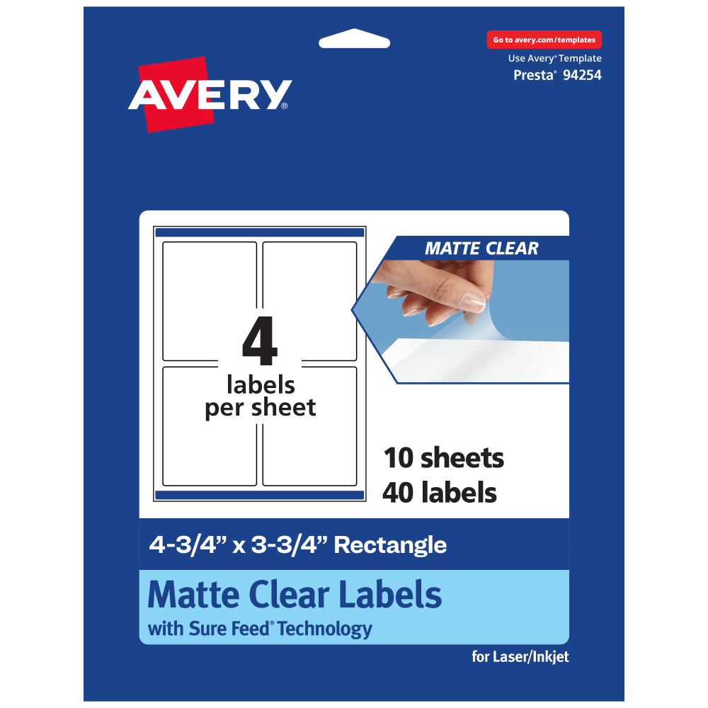 Avery Permanent Labels With Sure Feed, 94254-CMF10, Rectangle, 4-3/4in x 3-3/4in, Matte Clear, Pack Of 40