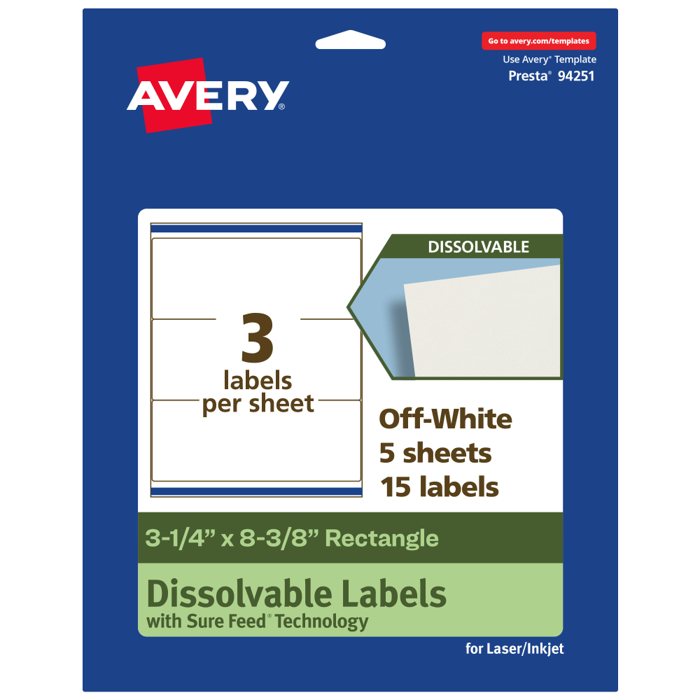 Avery Dissolvable Labels With Sure Feed Technology, 94251-DWMP5, Rectangle, 3-1/4inx8-3/8in, Matte Off-White, Pack Of 15
