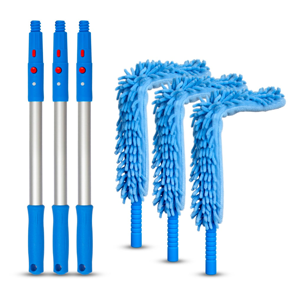 Gritt Commercial 22in Flexible Wand Dusters With Microfiber/Chenille Sleeve And 20in Pole, Blue, Pack Of 3 Dusters