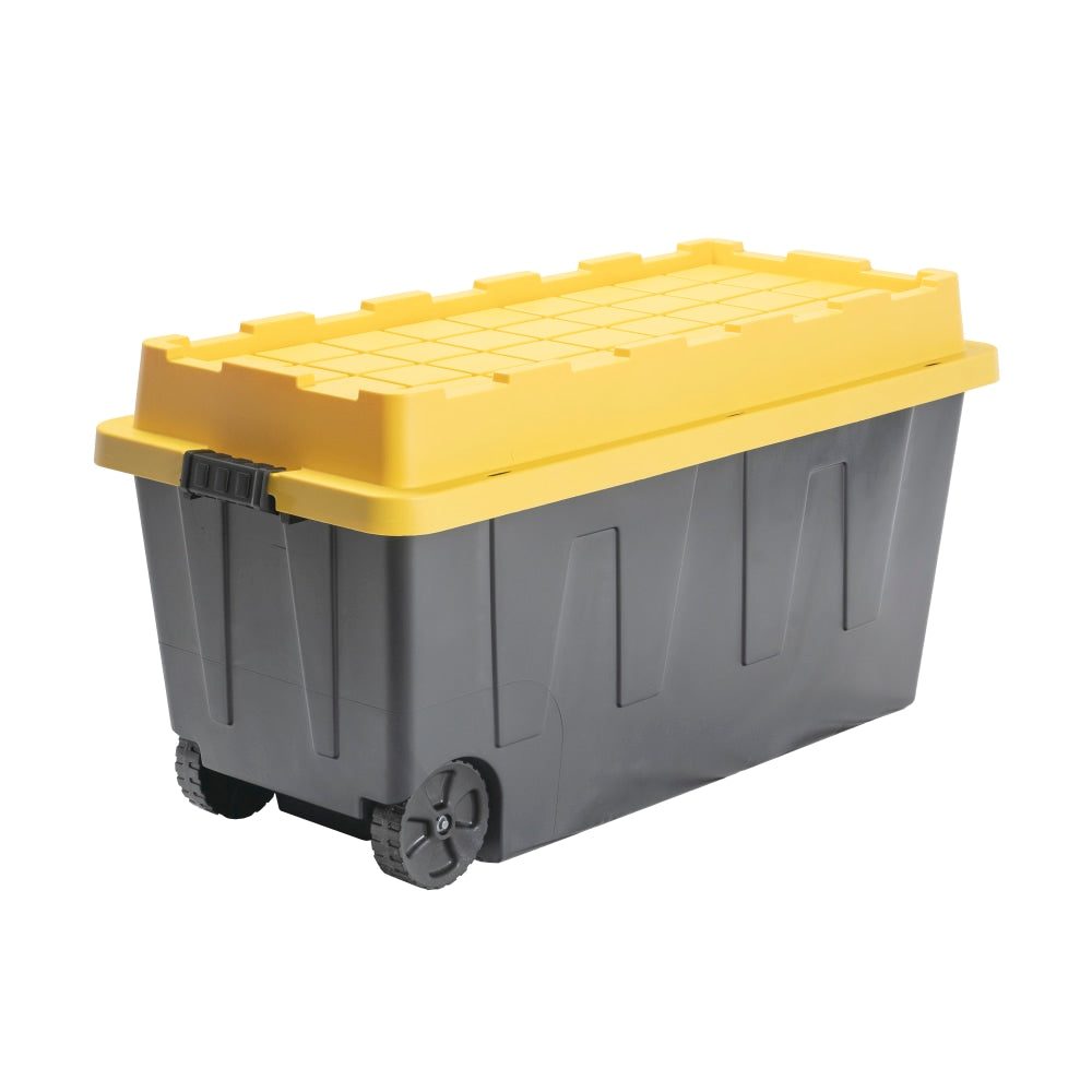Centrex Tough Box Wheeled Tote With Lid, 64-Gallon, 46-1/2inL x 21-1/4inW x 23-1/4inH, 45% Recycled, Black/Yellow