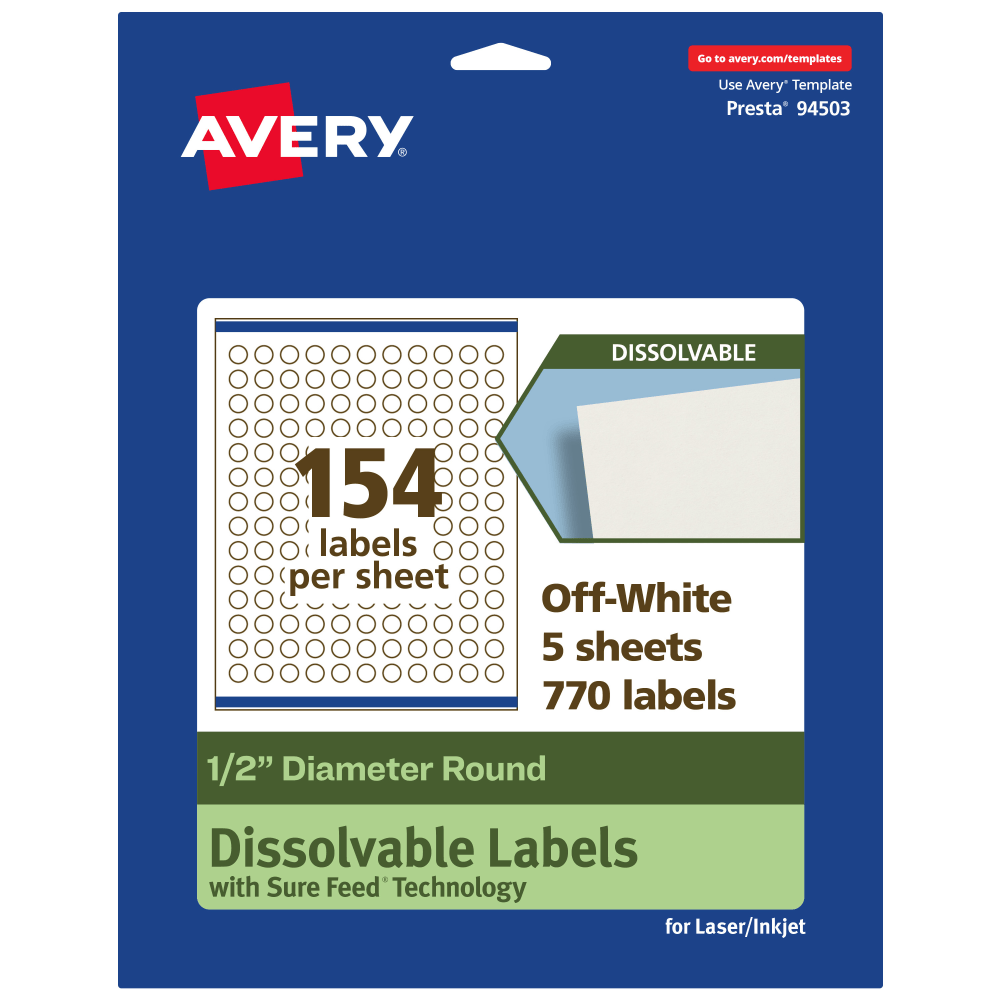 Avery Print-to-the-Edge Dissolvable Labels With Sure Feed Technology, 94503-DWMP5, Round, 1/2in, Matte Off-White, Pack Of 770
