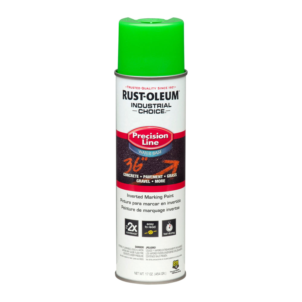 Rust-Oleum Industrial Choice M1800 System Water-Based Precision Line Inverted Marking Paint, 17 Oz, Fluorescent Green, Pack Of 12 Cans