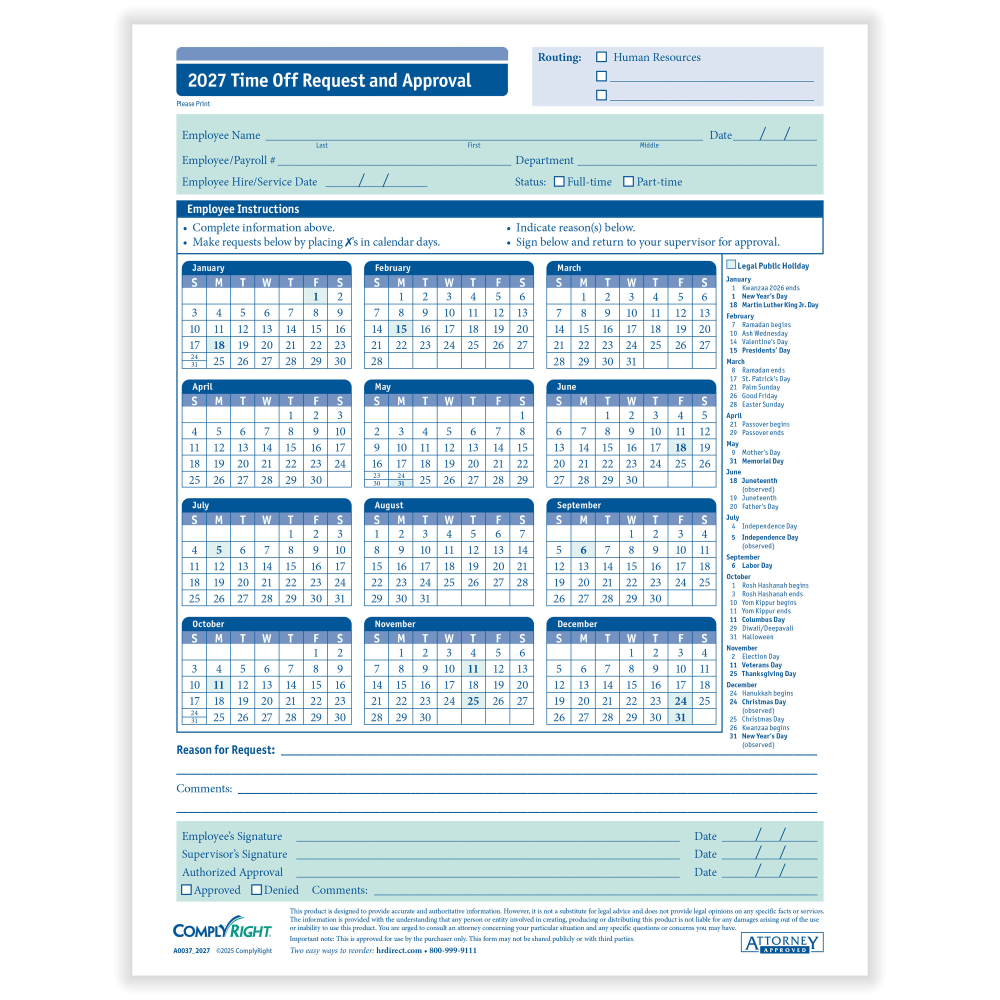 ComplyRight 2027 Time Off Request And Approval Calendars, 8 1/2in x 11in, Pack Of 50