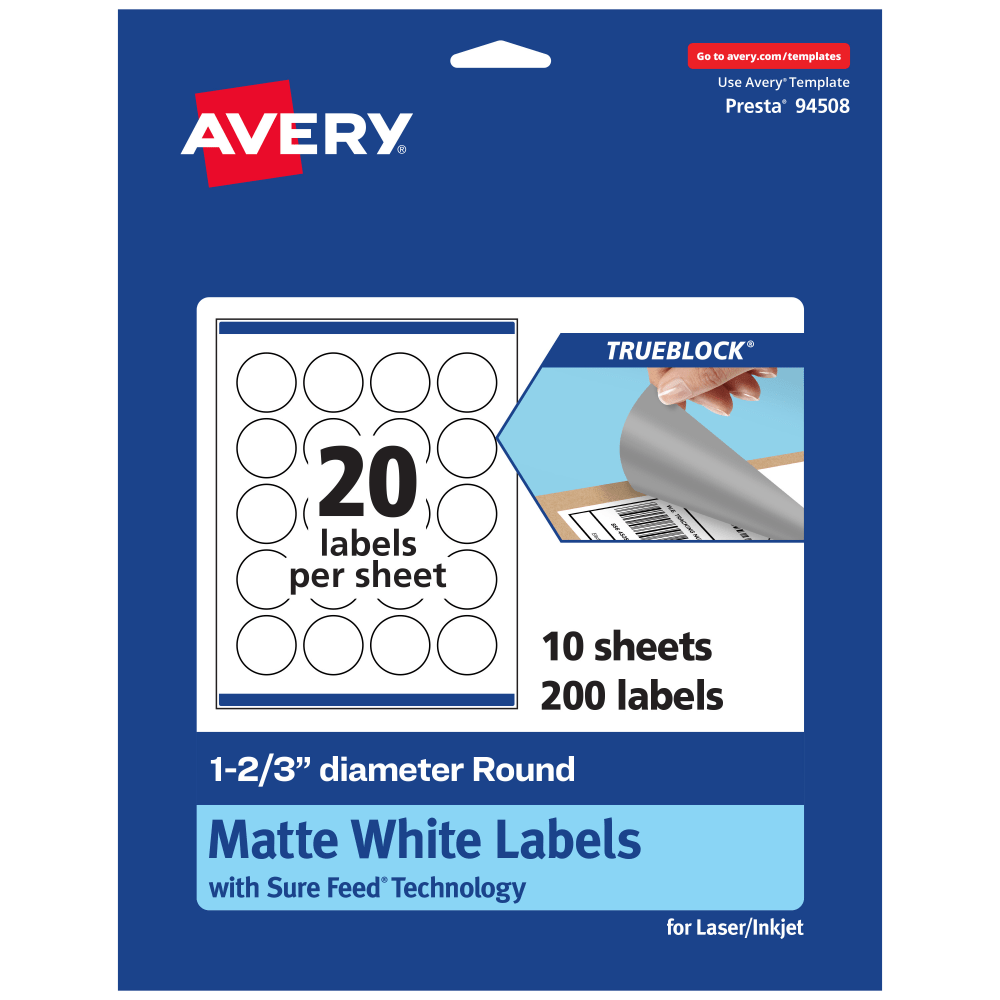 Avery Print-To-The-Edge TrueBlock Labels With Sure Feed, 94508-TWMP10, Round, 1-2/3in, Matte White, Pack Of 200
