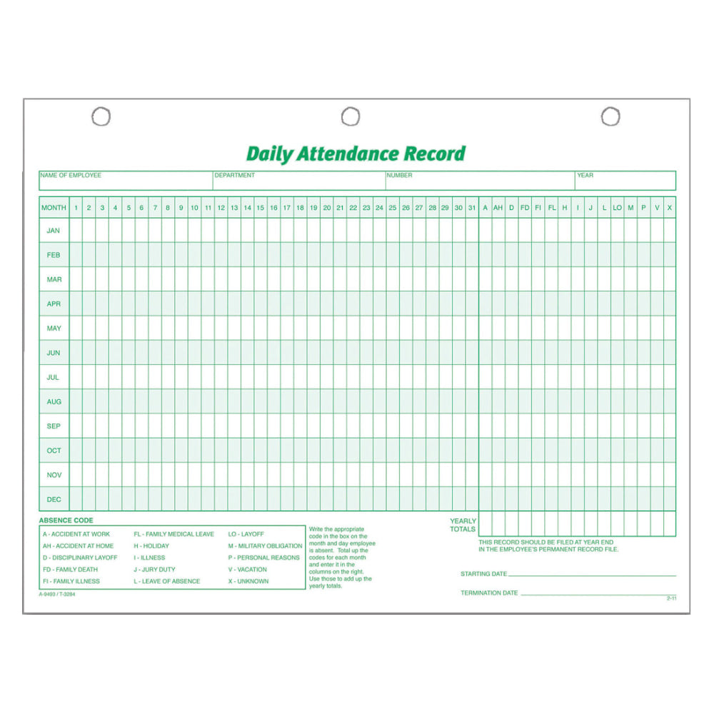 TOPS Daily Attendance Record, 8 1/2in x 11in, Pack Of 50