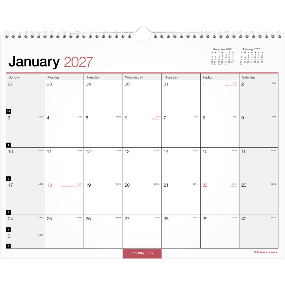 Office Depot Brand Monthly Wall Calendar, 15in x 12in, White, January 2027 to December 2027, OD30242827