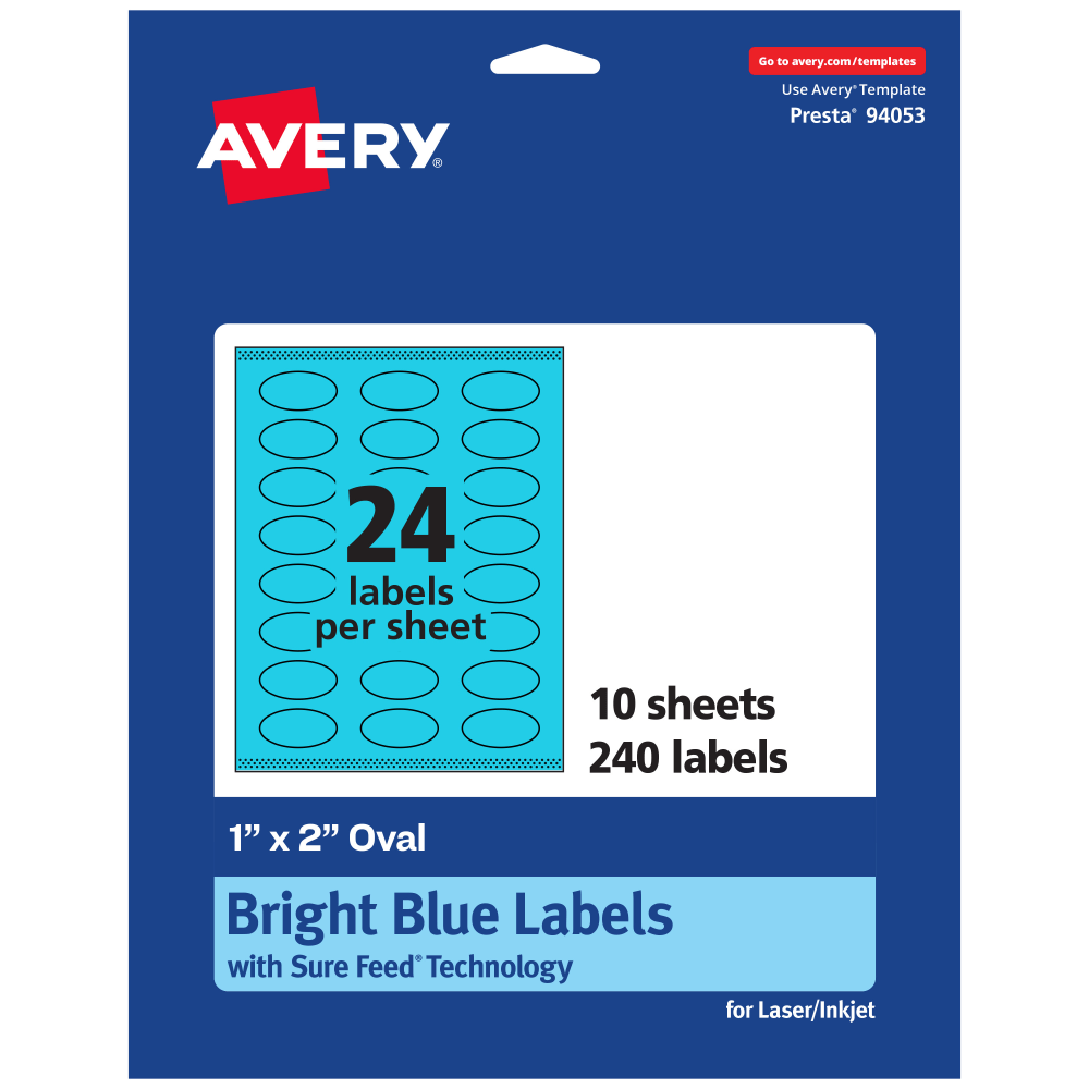 Avery Print-To-The-Edge Labels With Sure Feed Technology And Easy Peel Label Feature, 94053-BBP10, Oval, 1in x 2in, Matte Bright Blue, Pack of 240