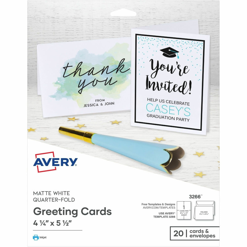 Avery Quarter-Fold Greeting Card Stock With Envelopes, Matte White, 4.25in x 5.5in, 80 Lb, Pack Of 20