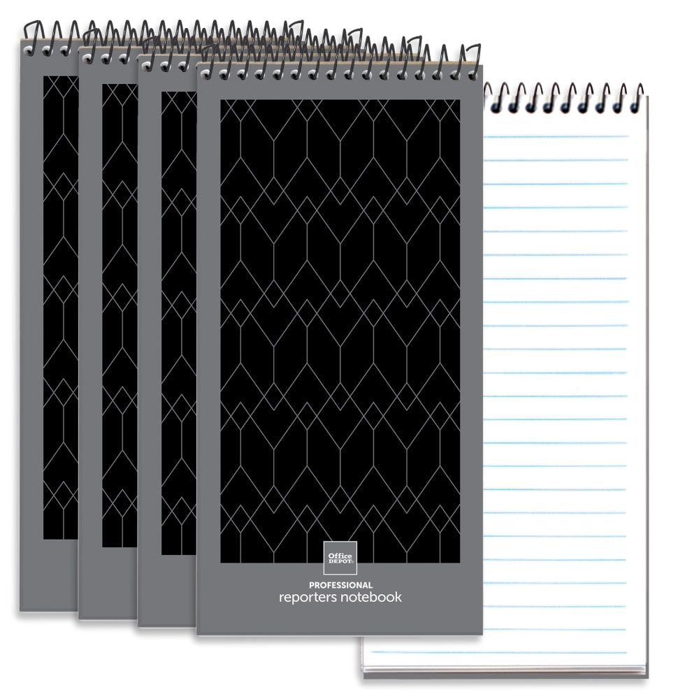 Office Depot Brand Professional Reporters Notebook, 4in x 8in, Black/Gray, Legal/Wide Ruled, 70 Sheets, Pack Of 4