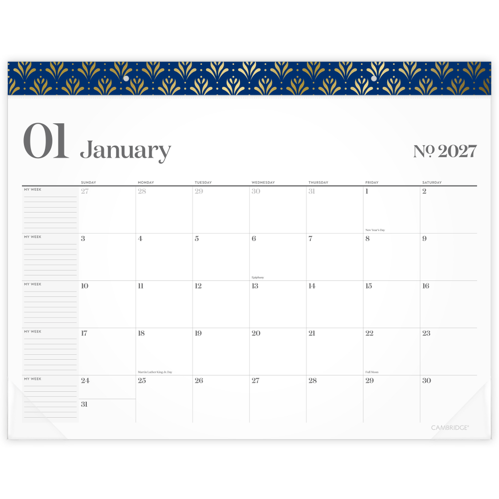 Mead Cambridge WorkStyle 2027 Monthly Desk Pad Calendar, Classic Navy, Standard, 21 3/4in x 17in